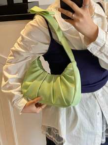 1pc Fashionable Green PU Pleated Cloud Shoulder Bag With Bow Decor, Simple & Elegant For Women