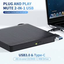 Lecteur DVD externe, lecteur et graveur de CD/DVD portable USB 3.0 - haute vitesse, ultra fin, lecteur optique léger avec compatibilité Type-C et USB - fonctionnement silencieux pour la lecture et l'écriture de CD/DVD (Noir)