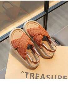 1 par de sandalias casuales de punto con suela blanda y tiras cruzadas, nuevos zapatos de playa de princesa de verano para niños, con correa desmontable de gancho y bucle.