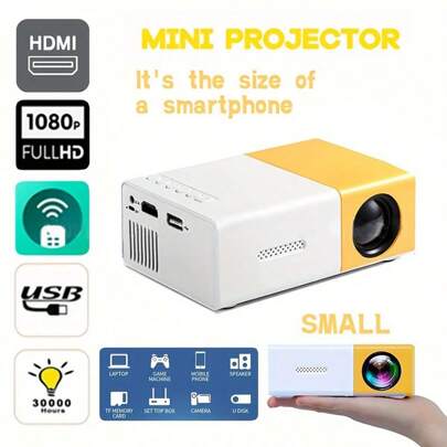 Mini Proyector, Mini Proyector Amarillo y Proyector Full HD 1080P Mini Proyector de Video LED para Reuniones Familiares, Campamentos, Compatible con  USB, Audio,