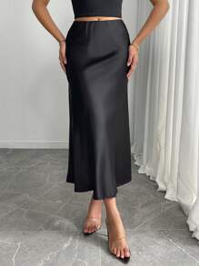 Mobula Sound Spring And Summer Sexy Fitted Mermaid Skirt, Satin Smooth Fabric, Party Skirt, Versatile, Casual Fashionable, Elegant Women Clothing, Drapey Skirt - Black - View 4