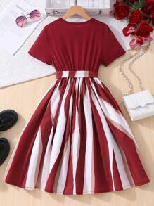 Girls Casual Round Neck Stripe Short Sleeve Dress, Versatile For Toddler & Tween Girl