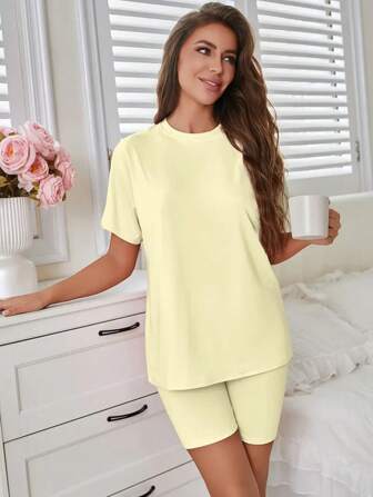 Elegant And Comfortable Women's Loungewear Set With Short Sleeves Top & Biker Shorts, Available In Solid Colors For Spring And Summer., Lounge Outfit
