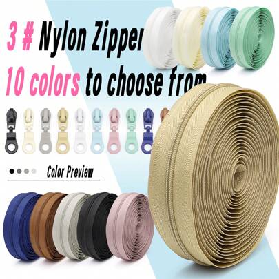 1 conjunto (zíper de 4,5 m + 10 puxadores de zíper), zíper de náilon 3# com puxadores de zíper de cor correspondente, 10 opções de cores, para vestuário, bolsa, almofada, roupa de cama