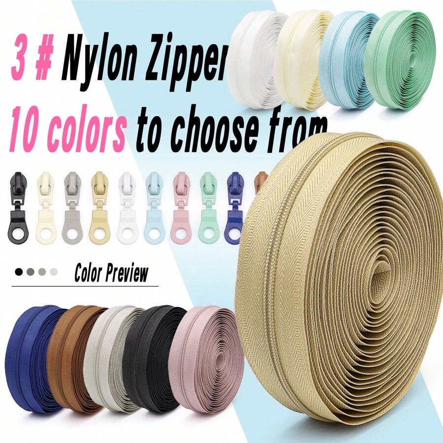 1 Set (4.5m Zipper + 10 Zipper Pulls), 3# Nylon Zipper With Matching Color Zipper Pulls, 10 Color Options, For Garment, Bag, Cushion, Bedding - 3# Nylon Multicolor - View 1