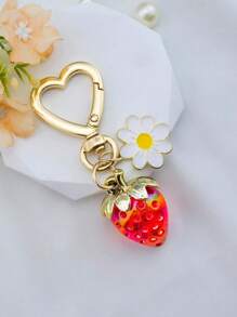 Delicate & Cute Strawberry Heart Keychain, Made Of Zinc Alloy With Dip Coating, Durable, Comes With Earphone Line And Decorative Accessories, Suitable As Fashionable Backpack/Handbag Charm For Women & Girls, Great For Dating, Study, Work, Commuting, Beach, Vacation, Camping, Picnic, And Mother's Day Gift - Multicolor - View 6