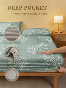 2/3pcs /Set Green Leaf Branch Flower Pattern Fitted Sheet Set Without Filler, Fitted Sheet Set For Bedroom Brushed Microfiber Breathable Comfortable 1pc Mattress Cover With 1/2pcs Pillowcase, Bed Cover Set King Queen Full Twin Size Fitted Sheet Set For Bedroom Brushed Microfiber Breathable Comfortable Sheet Bedspread Deep Pocket Up To 11.8 Inch Breathable Wrinkle-Free Better For Sleep, Machine Washable Domitory Bedding Back School Bedding
