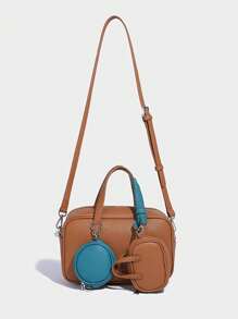 时尚秋冬复古美拉德纯色设计 PU 手提包，保龄球包带小吊坠设计，双手柄，方形拼接，公文包，通勤包，适合旅行购物、通勤、聚会、节日。，包包女士优雅，女士包优雅，奢华 - 彩色 - 查看 5