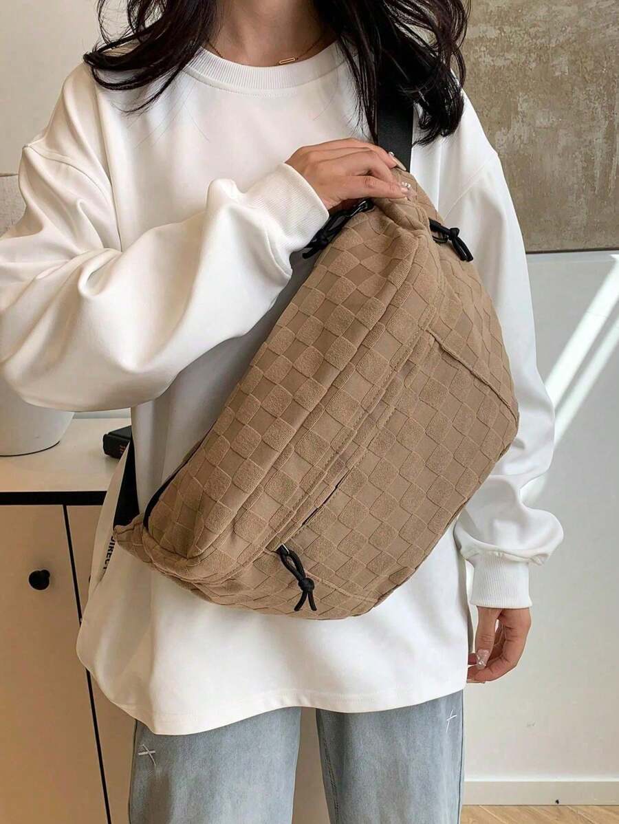 大容量格纹细节简约胸包腰包 - 黑色 - 查看 1