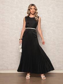 Women's Tailored Set - Fitted Blouse, Sophisticated Belt And Long Pleated Skirt - Elegance And Style For Any Occasion - 黑色 - 查看 3