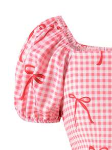 Vihyde 少女格子蝴蝶结印花泡泡袖度假风连衣裙 - 紅色 - 查看 4