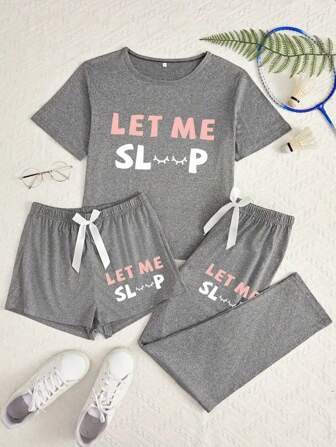 3 pezzi/Set di pigiama casual minimalista con stampa di lettere per donne, set per la casa