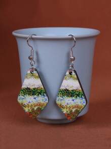 1 Pair Vintage Style Double-Sided Painting Wooden Geometric Earrings, Suitable For Daily And Vacation Wear (12) - Vintage Oil Painting Earrings 12 - View 13