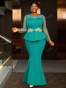 Plus Size Long Party Mermaid Dresses Sheer Mesh Sleeves Patchwork 3D Embroidered Lace Party Peplum Evening Birthday, Wedding Guest Dress, Formal Dress,Gown