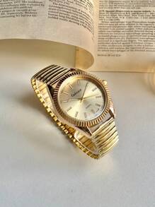 1 pieza Reloj de cuarzo vintage para hombres y mujeres con esfera grande, manecillas, números arábigos y banda elástica