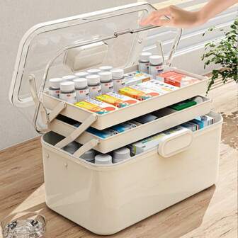 1pc Multifunctional Medical Supply Storage Box With Handle. 3-Layer 11 Inch (Approx. 29cm) Thick First Aid Kit. Removable Portable Medical Organizer Box. [Comes With 6 Compartment Pill Box]. Multipurpose Storage Container, Ideal For Home & Dorm Use.