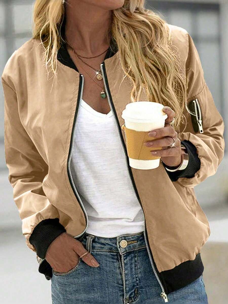 Women's Fashion Zip Up Baseball Collar Spring Summer Lightweight Jacket - Khaki - View 1