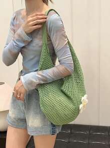 Yogodlns 镂空编织手提包，波西米亚风沙滩手提包，镂空手提包，大容量慵懒沙滩包，休闲购物沙滩包，大容量钩针花卉手提包，时尚手提包，户外旅行包，完美搭配钩针套装，度假必备，夏季、度假和海滩的理想之选，波西米亚风女装 - 綠色 - 查看 4