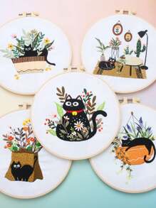 1 Set Diy Hand Embroidery Supplies Animal Cat Theme Embroidery Decorative Painting, Color Random Wind Around Organizer Included