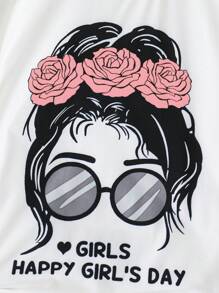 2 件女童夏季轻便服装套装，眼镜印花短袖透气圆领上衣和纯色直筒裤，儿童休闲时尚夏装 - 粉色 - 查看 5