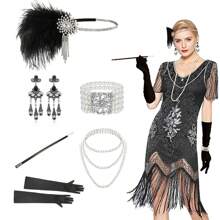 20 件女士 20 世纪 20 年代配饰套装：长袍、了不起的盖茨比风格羽毛头饰、人造珍珠项链、手套舞会万圣节