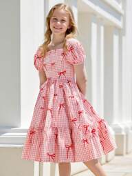 Vihyde Tween Girl Plaid Bow Print Puff Sleeve Vacation Style Dress