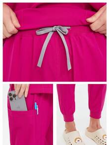 1 Set Women's V-Neck Elastic Work Uniform Suit, Top & Jogger Pants, Soft & Comfortable For Dental Clinic, Nurses, All Seasons Scrub Set - Hot Pink - View 4