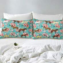 Kids Horse Bedding Set Chic Retro Floral Bedding Comforter Set For Girls Teens Galloping Horse Printed Comforter 3D Wild Farm Animal Duvet Set Bedroom Decor Quilt Set 2Pcs Twin Size, Green Pink