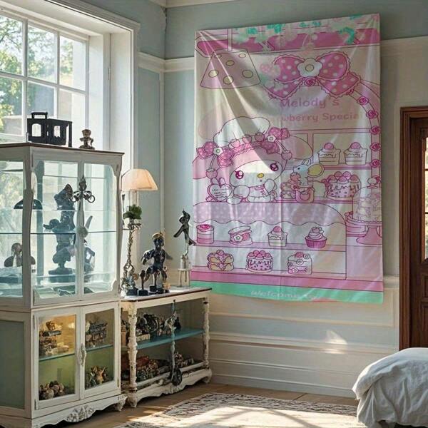 Sanrio 1 Stück Sanrio Hello Kitty Dessert Shop Wandbehang - Helle Polyester Wanddekoration für Wohnzimmer, Schlafzimmer, Büro und Partydekoration, niedlicher dekorativer Wandteppich