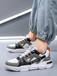 Men's Retro Gray Premium Minimalist Comfortable Low-Top Thick-Sole Shock-Absorbing Casual Sneakers, Streetwear Contrast Color Four Seasons High-Platform Front Lace-Up Outdoor Stylish Chunky Sneakers