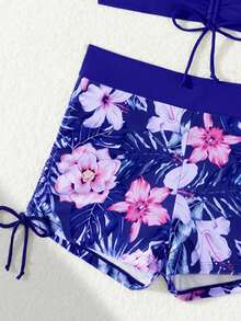 2pcs Floral Print Wrap Style Swim Trunks, Suitable For Multiple Occasions - Purple - View 4