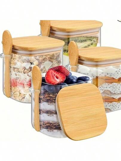 1pc Square Airtight Canister With Wooden Spoon, Suitable For Storing Coffee Beans, Soybeans, Sugar And Salt. Some Kitchen Storage Jars Can Also Be Used For Jam And Ice Cream, Made Of Reusable Borosilicate Glass., Back To School Supplies