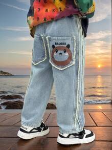 Young Boys' Cartoon Print Casual Denim Jeans, Spring - Blue - View 1