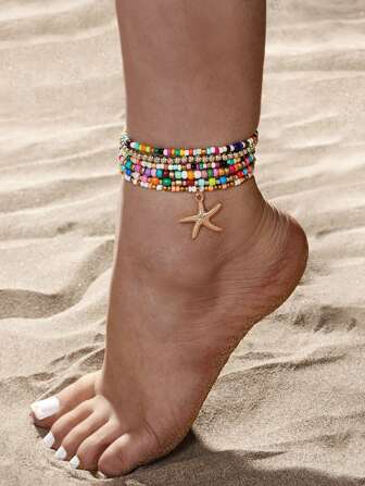 6 件波西米亚风格彩色串珠脚链，适合女性海滩度假、母亲节礼物