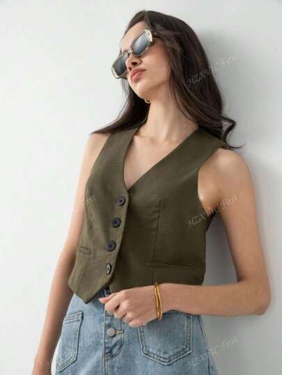Nuovo gilet casual primaverile/estivo da donna in misto lino, scollo a V, monopetto