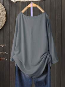 1pc High Low Elegant V-Neck Loose Stretchy Top, Machine Washable For Summer - Dark Grey - View 10