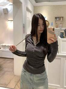 Buttons Detail Casual Lace Ruched 2 In 1 Brushed T-Shirt Top