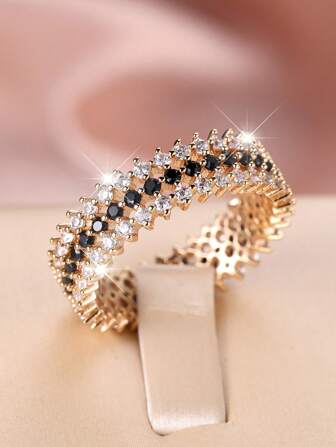 1pc Luxury 3-Row Cubic Zirconia Women's Engagement Party Sparkly Ring, Elegant Wide Bridal Wedding Band With Black & White Zirconia Jewelry