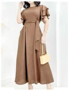 Duna Women's Long Midi Dress In Linen With Ruffle Sleeves And Belt - Mocha Brown - View 1
