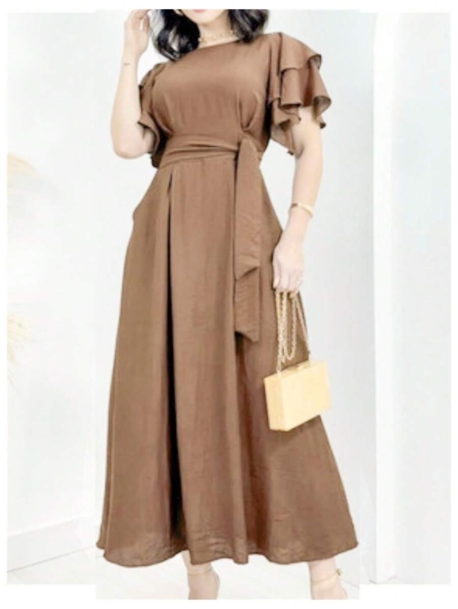 Duna Women's Long Midi Dress In Linen With Ruffle Sleeves And Belt - Mocha Brown - View 1
