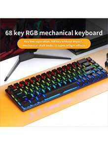 Clavier mécanique filaire K68 avec 10 types d'éclairage coloré, compatible pour le jeu et le bureau avec les systèmes Microsoft Windows et Apple iOS