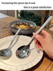 2/5pcs Stainless Steel Hammered Texture Long Handle Dinner Spoons, Round Soup/Tea Spoons For Home Use
