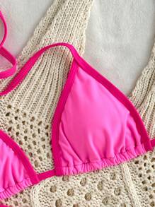 Set Baju Renang Bikini Bandeau Seksi Warna Kontras Wanita dengan Tali Leher, Liburan Pantai & Liburan Musim Semi Warna Pink Musim Panas - Berwarna merah muda - View 5