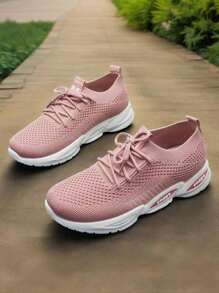 1 Pair Women's Casual Sporty Sneakers, Mesh Fabric, Thick Sole, Comfortable And Versatile
