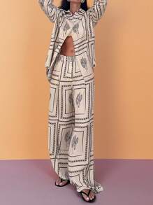 2pcs Set Elegant Long Sleeve Printed Shirt And Home Wear Set - White - View 5