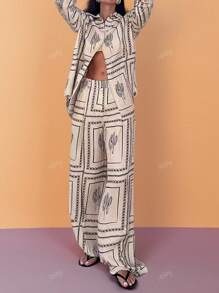 2pcs Set Elegant Long Sleeve Printed Shirt And Home Wear Set