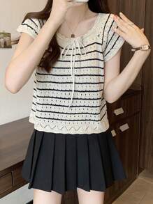 Wixra 法式钩针镂空花卉蕾丝边短袖短款上衣，时尚百搭柔软短款女士 T 恤，夏季