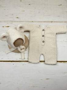 2 szt./zestaw czapka niedźwiedzia + kombinezon, strój do fotografii noworodkowej, rekwizyty do zdjęć dla niemowląt, pamiątka wzrostu niemowląt, akcesoria do zdjęć dla dzieci 0-1M