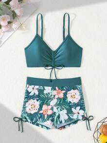 2pcs Green Floral Print Wrap Style Swim Brief Set, Suitable For Multiple Occasions Vacation Beach Summer - Blue - View 3