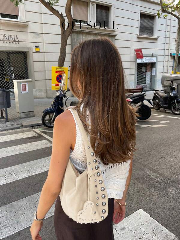 New Suede Crescent Moon Shape Shoulder Bag, Fashion Malachite Rivet & Pearl Decor Casual Crossbody Bag For Cool Girl Retro Women